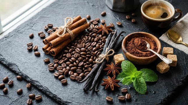 Coffee Beans Cinnamon Sticks Vanilla Beans Star Anise and Sugar Cubes image photo