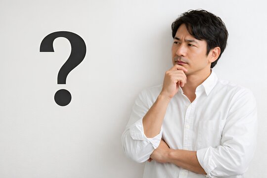 白いシャツを着て深く考える日本人男性と疑問符