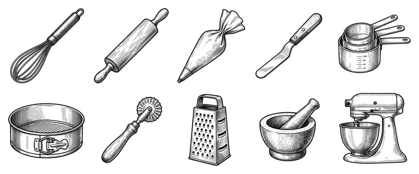 Baking tools icons set. Kitchen utensils and cooking equipment concept. Includes whisk, rolling pin, pastry bag, spatula, measuring cups, springform pan, pasta cutter, grater, mortar and