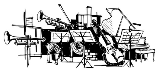 Musical instruments in orchestra set sketch, piano violin and trumpet vector illustration in vintage hand drawn engraving style, classical music and concert concept © JakubVectorSketch