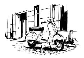 Vintage motor scooter on cobblestone street sketch, Italian retro moped vector illustration in hand drawn engraving style, classic city transport and European travel concept © JakubVectorSketch