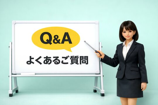 よくある質問Q&Aを説明するビジネススーツの女性が指し棒で案内