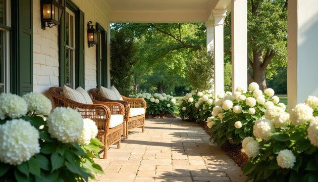Cosy front porch with wicker chairs, white cushions on house veranda. Beautiful blooming hydrangeas line stone patio walkway in green summer garden. Inviting residential outdoor space offers peaceful