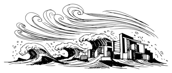 Tsunami giant waves hitting coastal city buildings sketch, ocean natural disaster and flood vector illustration in vintage hand drawn engraving style © JakubVectorSketch