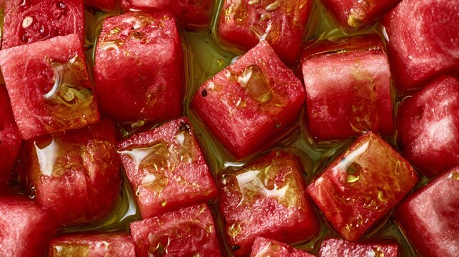 A macro flat lay of olive oil slowly dripping across watermelon cubes creating glossy highlights and premium food photography detail