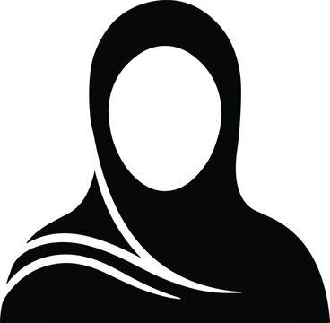 ​Muslim woman wearing hijab silhouette avatar icon, simple black and white Islamic female user profile vector illustration