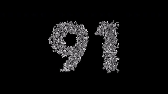 Number 91 Formed by Small Digits Animation with Alpha Channel. Typographic Number Formation Effect. Digital Number Made of Numbers. 3D Font Typographic Animation. Transparent BG