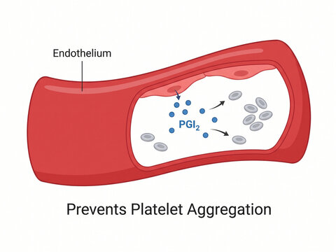 Blood vessel cross section diagram illustrates the endothelial release of prostacyclin molecules which actively function to prevent the process of platelet aggregation within the human circulatory.