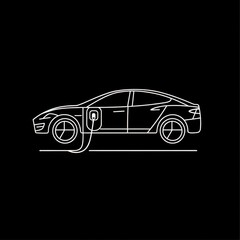 Fototapeta premium A minimalist line drawing of an electric car with a charging cable, set against a black background.