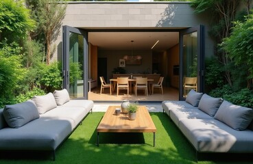 Obraz premium Modern outdoor patio terrace features artificial grass floor with comfortable grey sofas, wooden coffee table. Open glass doors connect exterior lounge space to contemporary indoor dining room.