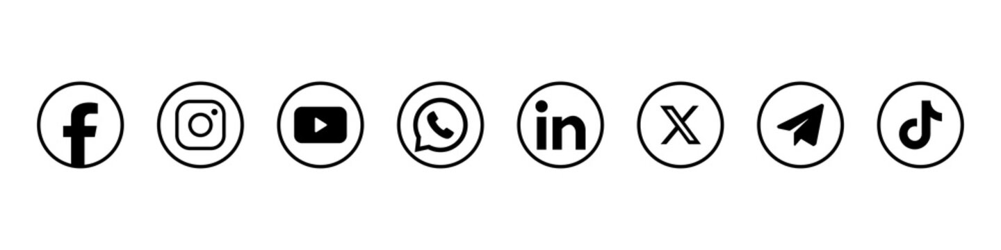Social media logo icons outline svg . Facebook, Instagram, X , Twitter , YouTube, LinkedIn, WhatsApp, Telegram & TikTok . vector circle button set 2026
