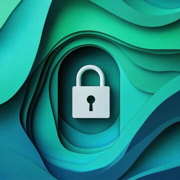 Abstract image featuring a white padlock icon against a wave-patterned blue and green background.