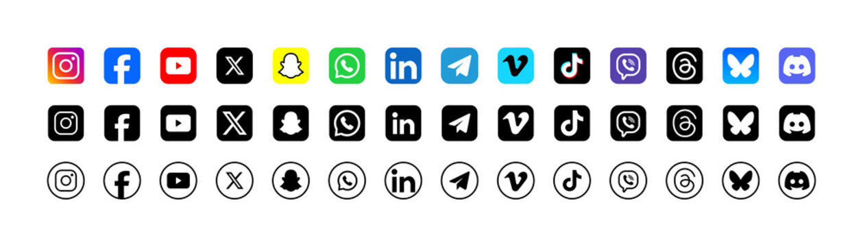 Latest 2026 Social media icons vector set. Social network logos collection. Instagram, Facebook, YouTube, X , Snapchat, WhatsApp, LinkedIn, Vimeo, TikTok, Viber, Threads, BlueSky, Discord, Telegram.