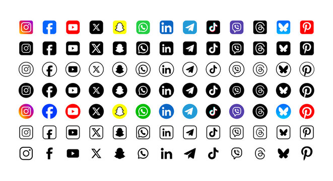 Latest 2026 Social media icons vector set. Social network logos collection. Instagram, Facebook, YouTube, X , Snapchat, WhatsApp, LinkedIn, TikTok, Viber, Threads, BlueSky, Discord, Pinterest.