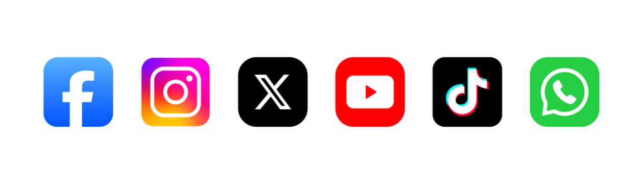 Popular Five social media network logo icons set 2026. Facebook, Instagram, X (Twitter), YouTube, TikTok, WhatsApp