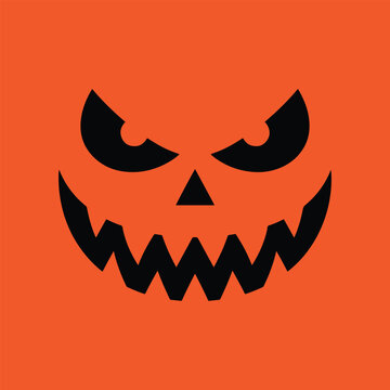 ​Spooky black jack-o'-lantern face with sharp angular eyes, triangular nose, and a wide jagged grin on an orange background, evil Halloween pumpkin vector illustration