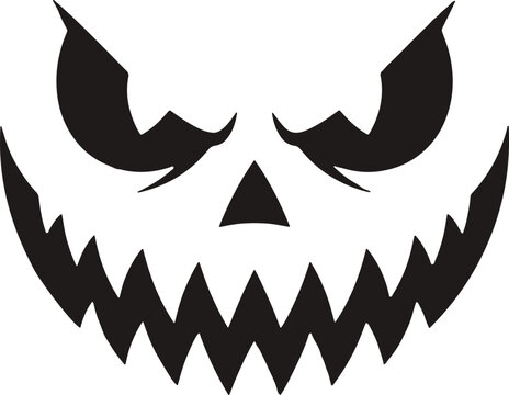 ​Spooky jack-o'-lantern face with sharp angular eyes, triangular nose, and a wide jagged grin, evil Halloween pumpkin stencil black and white vector illustration