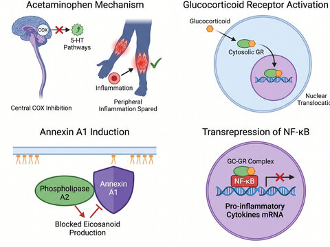 Acetaminophen mechanisms and glucocorticoid receptor activation pathways show how anti-inflammatory processes regulate gene expression and cytokine production in the body.