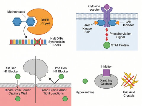 Pharmacological mechanisms illustrate methotrexate and JAK inhibitor pathways alongside blood brain barrier interactions and xanthine oxidase enzyme activity in medical research.