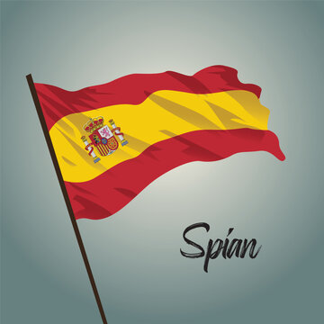 Waving Spain Flag Vector Illustration on Flagpole