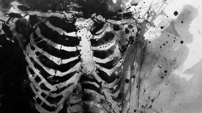 Artistic depiction of human rib cage anatomical study black and white