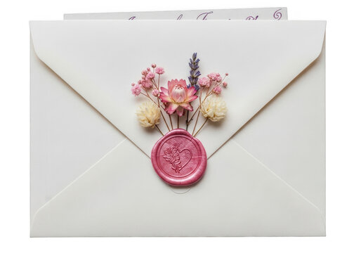 Elegant white envelope with pink wax seal and dried flowers envelope stationery correspondence invitation