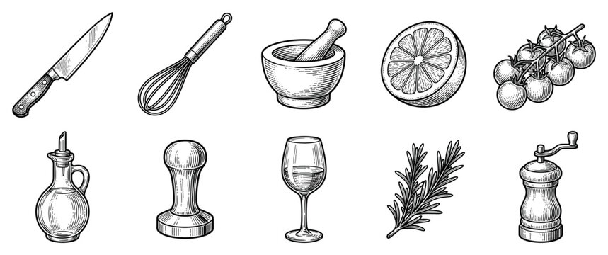 Cooking and kitchen icons set. Culinary tools and ingredients concept. Includes knife, whisk, mortar and pestle, lemon, tomatoes, olive oil, tamper, wine glass, rosemary, pepper mill
