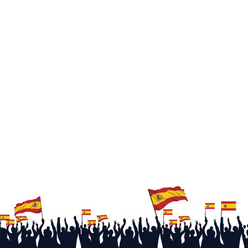 Cheering Sports Crowd with Spain Flags Silhouette Vector Illustration