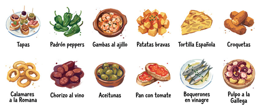 Spanish tapas icons set. Traditional cuisine and appetizer concept. Includes tapas, Padr&oacute;n peppers, gambas al ajillo, patatas bravas, tortilla Espa&ntilde;ola, croquetas, calamares, chorizo al