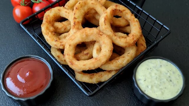 Deep fried breaded onion or squid rings, crispy fast food snacks. Fried onion or squid rings as a food background for your design