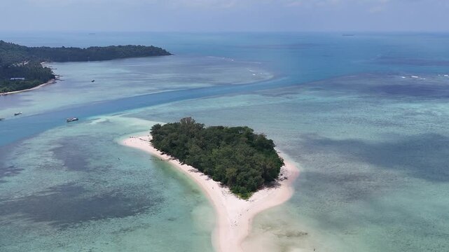 Aerial shot of Kerayaan Beccu Beach, a white-sand beach in Kotabaru, South Kalimantan