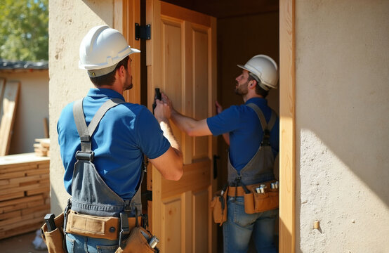 Two pro carpenters in safety helmets install heavy natural wooden front door into frame on building site. Builders work together fitting entrance way during home renovation project. Skilled craftsmen