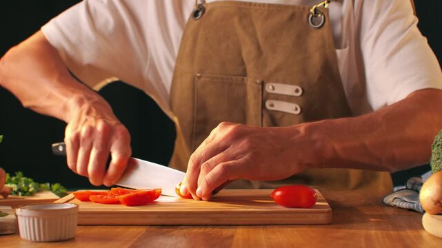 Chop tomato close up, Diced kumato tomatoes on a cutting board for Italian sauce, chef cut tomatoes with knife for gazpacho or salad 