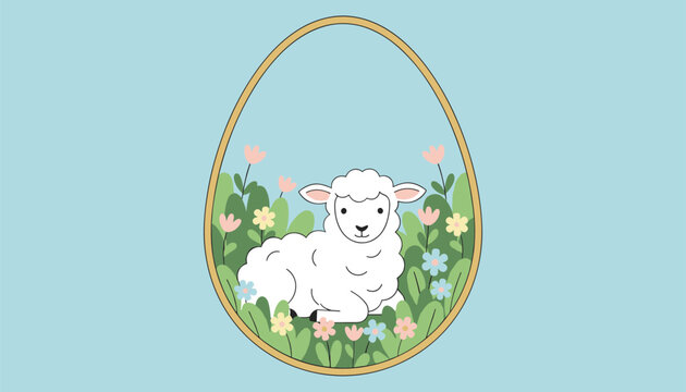 Cute cartoon sheep resting peacefully in a grassy field with colorful flowers, framed inside a golden egg-shaped border.