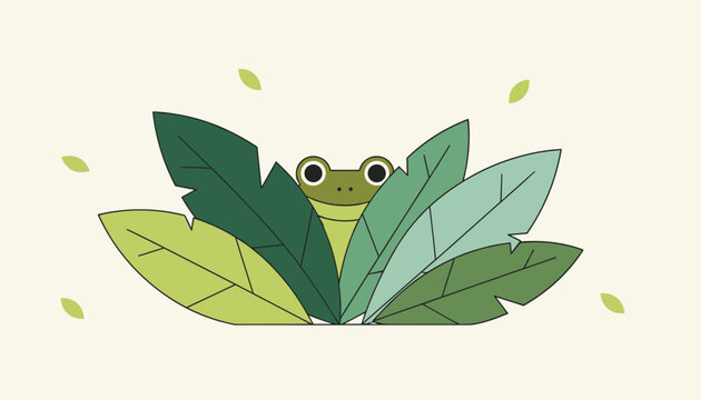 Cute little green frog peeking curiously from behind a cluster of tropical leaves with floating foliage on cream background.