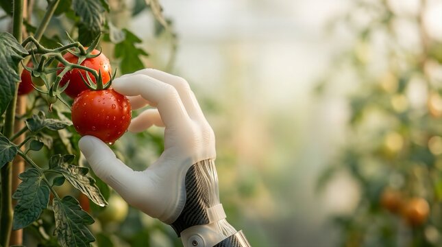 White robotic hand picking fresh ripe tomato in greenhouse for smart farming concept⁠