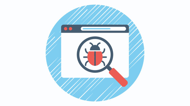 Website bug detection icon shows a magnifying glass over a web browser window, highlighting a red insect, symbolizing the process of finding and fixing errors in web development.