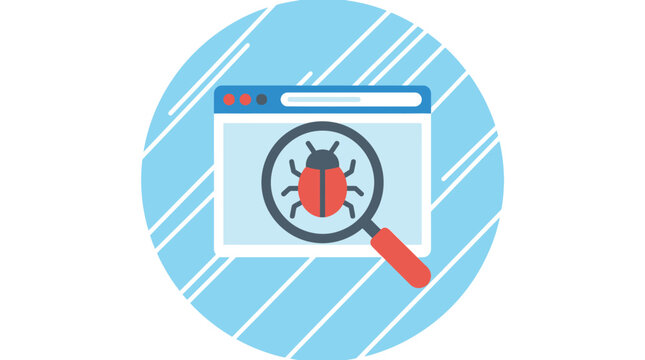 Magnifying glass examines a software bug within a web browser window, symbolizing the process of debugging and quality assurance in software development.