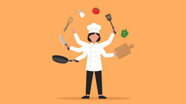 Chef juggling various kitchen utensils and ingredients symbolizes the culinary professional's multitasking abilities and passion for cooking.