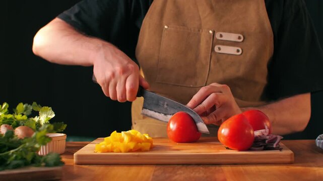 Chop tomato close up, Diced kumato tomatoes on a cutting board for Italian sauce, chef cut tomatoes with knife for gazpacho or salad 