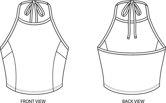 Professional technical flat sketch CAD drawing of a women's halter crop top vector illustration