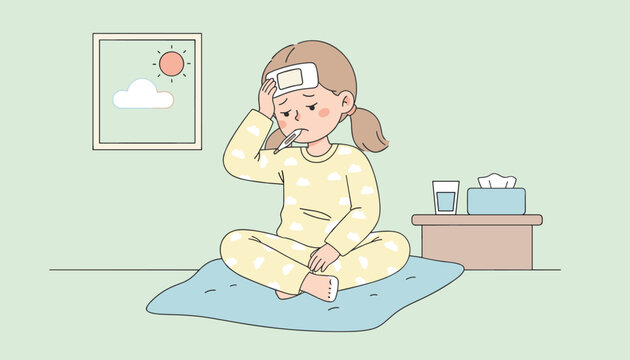 Young sick girl sitting cross-legged on a pillow with a thermometer in her mouth and a cooling patch on her head.