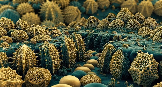 Microscopic pollen grains in golden yellow and teal