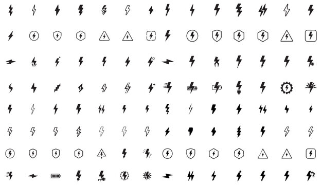 Lightning bolt icon. Flash symbol, thunderbolt, blitz lightnings strike sign. Electric energy black silhouettes, power concept. Vector isolated dynamic sports logo set