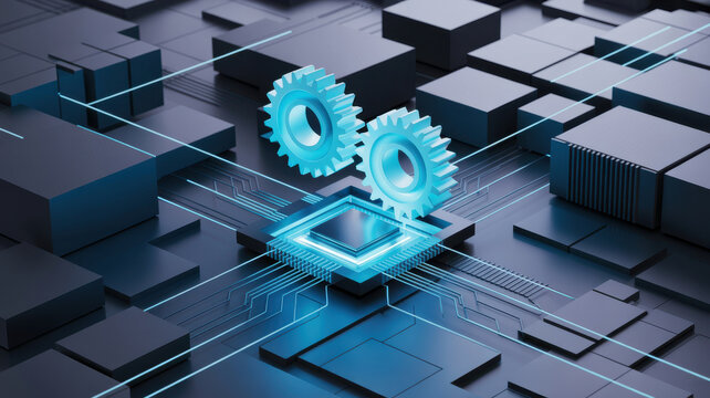 Abstract conceptual illustration of digital gears and computer processor on a circuit board background.