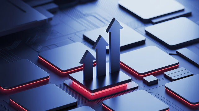 Abstract digital concept of business growth and technological advancement with rising arrows on a circuit board.