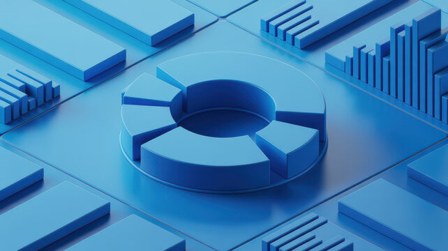 Abstract 3D blue pie chart and bar graphs representing business data analytics.
