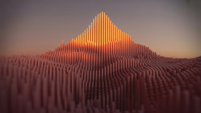 Abstract digital mountain landscape created with 3D geometric pillars at sunset.