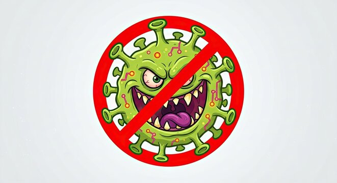 Cartoon virus monster in prohibition red circle
