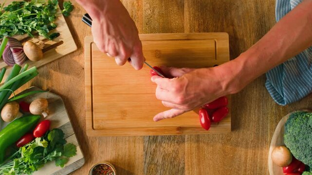 Chop tomato close up, Diced kumato tomatoes on a cutting board for Italian sauce, chef cut tomatoes with knife for gazpacho or salad 